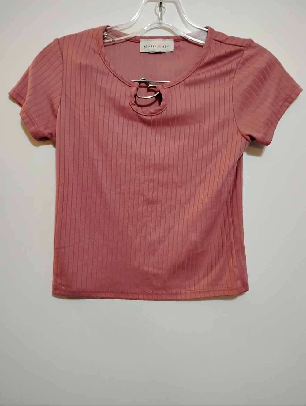 GLITTER GIRL Rose Pink Short Sleeve Top Heart Ring Accent Polyester Kids 10/12